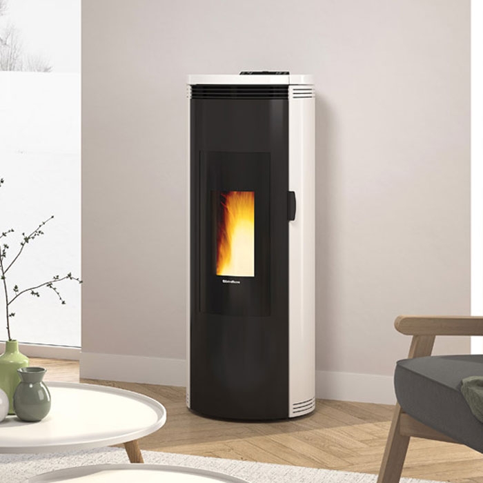 Amika Pellet Stove White Enamel Roomset