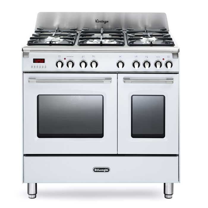 Delonghi DVTR 906-DF/WH 90cm Gloss White Twin Cavity Dual Fuel