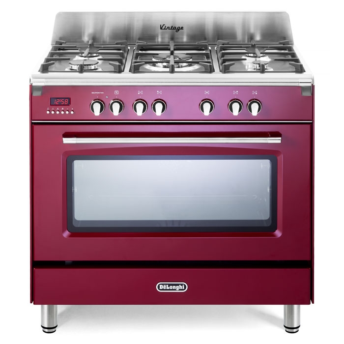 DeLonghi DVRS 916-DF/BU 90cm Vintage Single Cavity Burgundy Dual Fuel Range Cooker