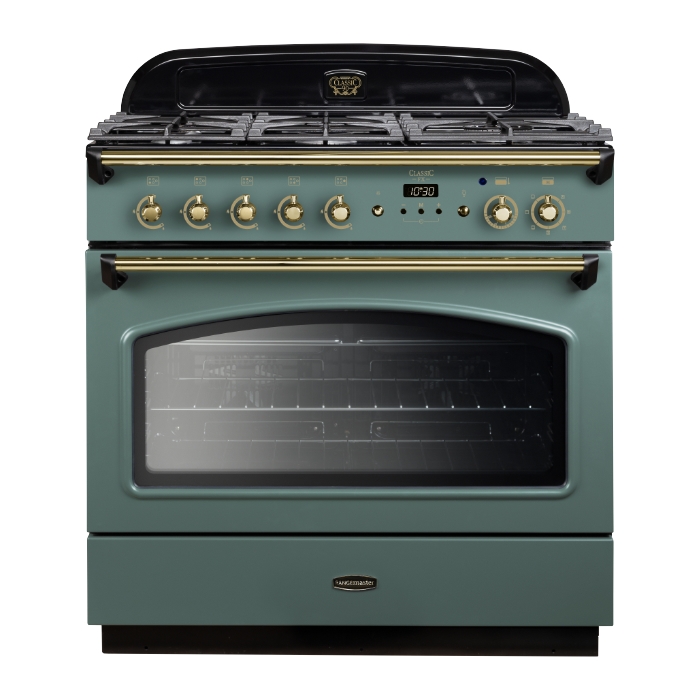 Rangemaster Classic FX 90cm Dual Fuel Range Cooker, Mineral Green/Brass 