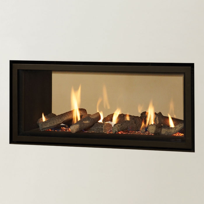 Gazco Studio 2 Duplex gas fire with Black Reeded lining shown as an Edge installation Close Up